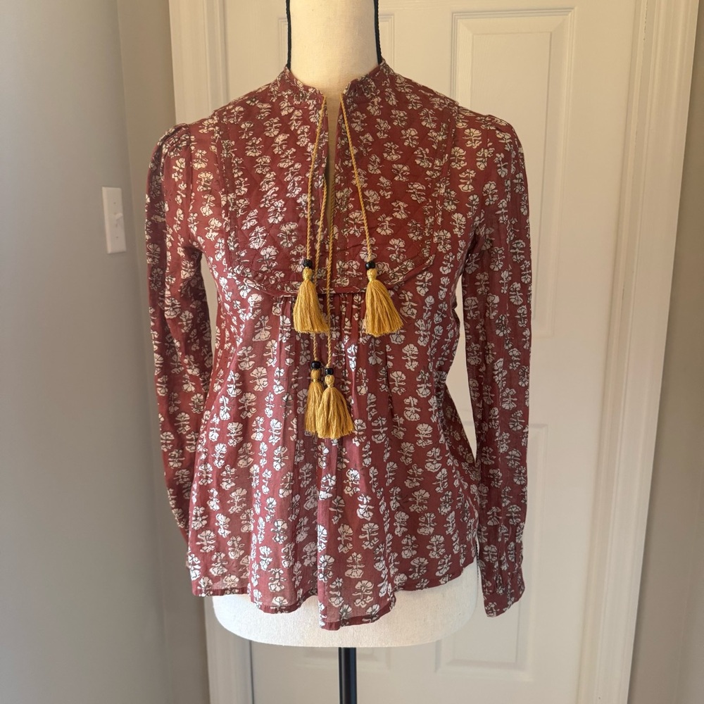 Doen Maroon Floral Blouse with Tassels Size XS